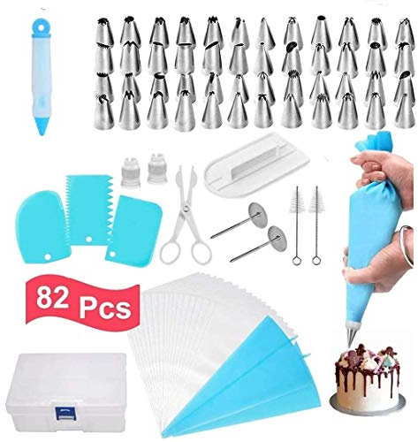 Lot de 82 poches à douille et douilles pour décoration de gâteaux avec sac en silicone, embouts, coupleurs | Sacs à douille réutilisables et douilles pour gâteaux, pâtisseries, cupcakes