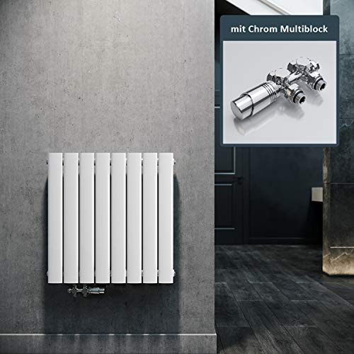 ELEGANT Design Heizkörper Horizontal mit Chrom Multiblock 630x616mm Einlagig Weiß Badezimmer/Wohnraum Paneelheizkörper Mittelanschluss Flachheizkörper