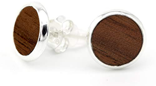 NaturSchatulle Holzschmuck Ohrringe Damen 8mm Holzohrringe Stecker Rund Nussbaum Holz in Titanium Fassung Natürliche Ohrstecker Schmuck