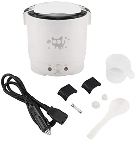 Mini Rice Cooker, 12V 100W 1L Portable Electric Multifunctional Rice Cooker Food Steamer Meal Heater Food Warmer for Travel (White)