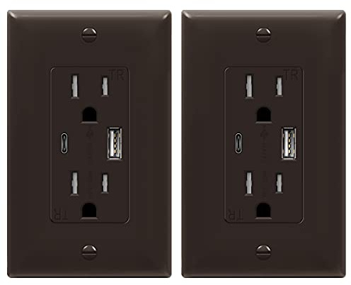 TOPGREENER 2-Port USB Outlet, Type C USB Wall Outlet, 15 Amp TR Receptacle Plug, Charging Power Outlet with USB Ports, Wall Plate Included, UL Listed, TU21536AC-BR-2PCS, Brown, 2 Pack