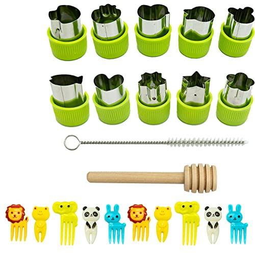 Juego de 12 Cortadores de Verduras para Niños, Cortador de Frutas de Acero Inoxidable, Cortador de Sándwich para Niños con 10 Palillos de Frutas, Cepillo y Palo de Madera