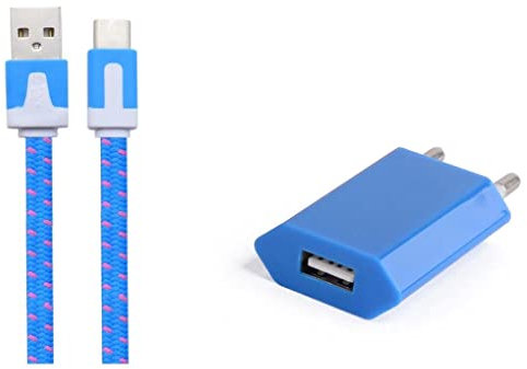 Pack Chargeur pour Motorola Moto e20 Smartphone Type C (Cable Noodle 1m Chargeur + Prise Secteur USB) Murale Android (Bleu)