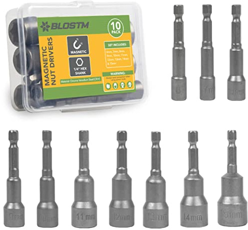 BLOSTM 6-15mm Magnetic Nut Driver Set - 10 Piece Nut Driver Bit Set | 10pcs Nut Setter Driver Bit Set Metric Made from Robust Chrome Vanadium Steel with 1/4 inch Quick Change Hex Shank