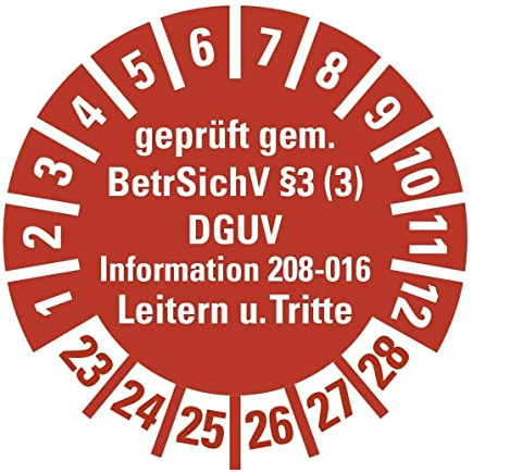 100 Stück - Prüfplakette Mehrjahresprüfplakette geprüft gemäß Leitern/Tritte, BetrSichV §3 | 23-28 Etikett Folie Aufkleber, rot | Ø15-40mm Made in Germany, Größe: Ø40 mm