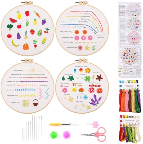 Stickset für Anfänger 4 Stück Sticken Set Erwachsene Stickerei Set Anfänger mit Blumenmuster Pflanzen Stickset mit Kunststoff-Stickrahmen Farbfäden und Werkzeuge für DIY Kunst, Handwerk, Sticken