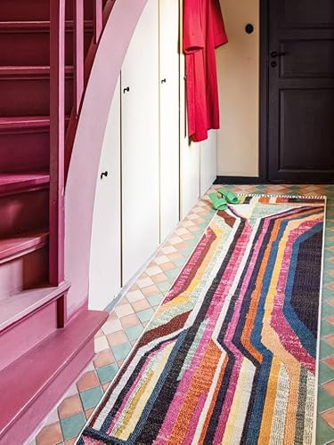 RugVista Markiz Teppich, 80 x 250 cm, Multi/Rosa | Berber / Marokko, Rechteckig, Niedriger Stapel, Nur chemische Reinigung, Oeko-Tex 100, Wohnzimmer, Schlafzimmer, Küche, Diele