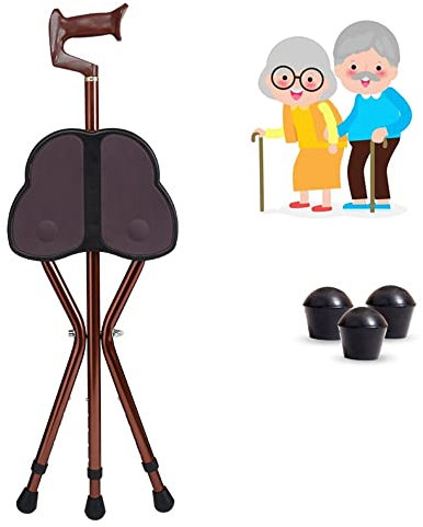 KADEUX Halkfri Käpp Med Sittplats, Fällbar Käpp, Brun Justerbar Käpp, Lätt Krycka Vikbar Pall För Män Och Kvinnor (Color : Brown)