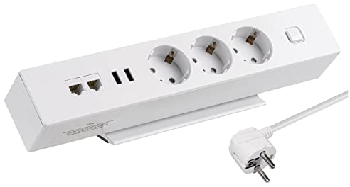 Aluminium Office Steckdosenleiste 3-Fach, USB-A, Internet CAT6 LAN