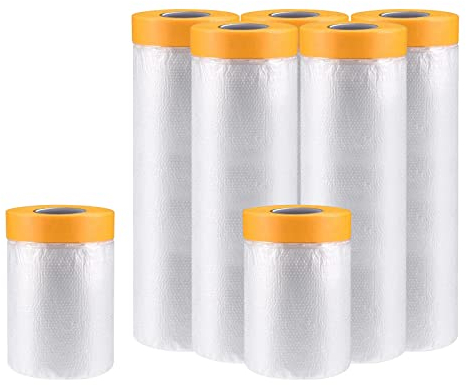 WOOWAIR 7Rollen Abdeckfolie Klebeband mit Folie, Klebeband mit Transparent AbdeckFolie Goldband Masker Tape Malerkrepp zum Staubschutz Abdeckfolie Selbstklebende Malerfolie UV Beständig