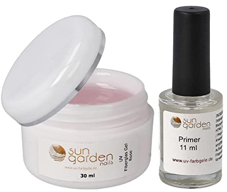 Sun Garden Nails UV Fiberglas Gel Rose Klar 30ml inkl. Primer Haftvermittler 11ml Nail Set für UV Gele