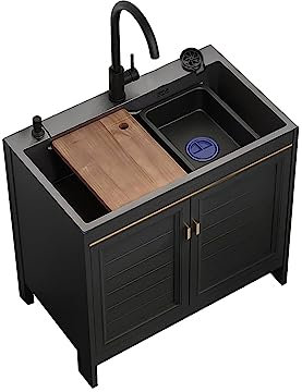 Lavello del Ristorante Commerciale Con Mobiletto - Acciaio Inox Con Ripiano, Rubinetto Caldo Freddo, per Interni e Esterni, Cucina Hotel (80*45*80cm)