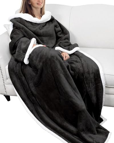 Rumicet - Manta polar con mangas y bolsillos, Negro , 180*140