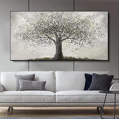 HOLEILUCK Grauer Geldbaum-Gemälde, modernes, luxuriöses, schwarz gerahmtes Dekor, abstrakte Wandkunst, Bilder, übergroße Poster und Drucke, 95 x 180 cm/37 x 71 Zoll, mit schwarzem Rahmen