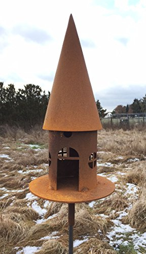 Fågelhus H 43 cm + stav trädgårdsplugg foderhus för belysning lyster värmeljus foderhus rostfritt stål trädgårdsdekoration metall rost