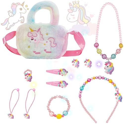 Zeaying 11 Stück Einhorn Handtasche Schmuckset, Einhörnern Kinderschmuck Halskette, Handtasche, Mädchen Armband, Ring, Haarspange, Kleines Mädchen Rollenspiel Geburtstagsgeschenk Party