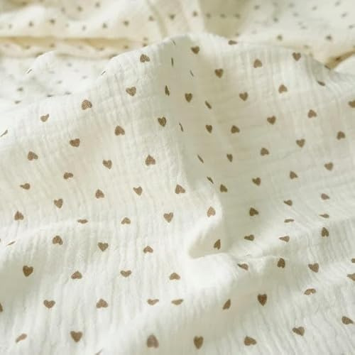 SUKORI Tissu en Gaze Double crêpe Kaki Doux à imprimé cœur, 0.5m/1m/2m, Tissu en Coton, Couture de vêtements pour bébé, Texture Respirante