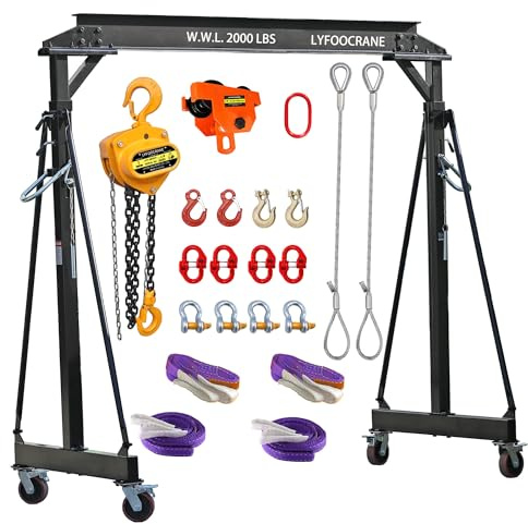 Adjustable Gantry Crane Kit 2000 LBs Shop Crane 1t Portable Crane for Garage with Hoist, Trolley, Sling, Hook and Shackles