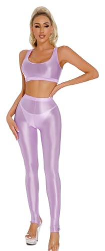 iEFiEL Damen öl Sportanzug Trainning Gymnastikanzug Eng Stretch Sportbekleidungset Sportwear Gym Yoga Fitness Set Helles Lila L