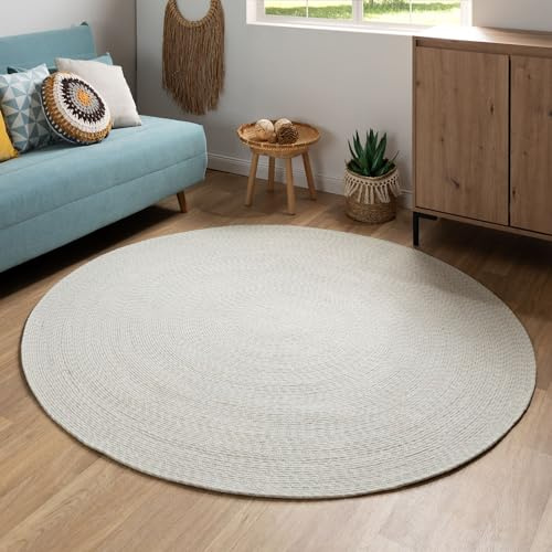 Steffensmeier Handweb Teppich Bali | 100% Baumwolle, Grün Creme, handgefertigt, Größe: Ø 150 cm | Flur, Eingangsbereich, Wohnzimmer