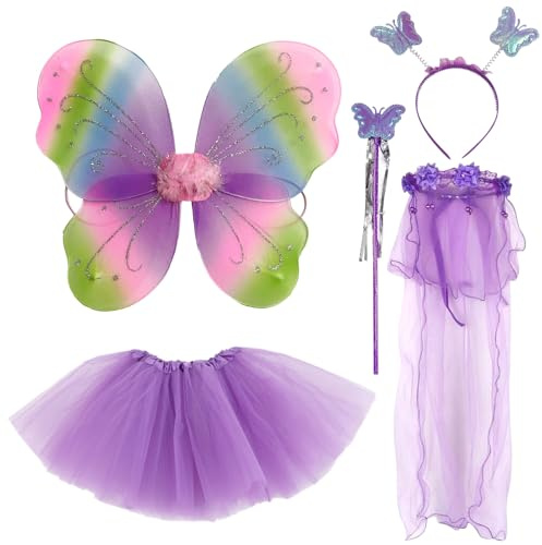 BDSHUNBF 5 Pcs Feen Kostüm für Mädchen, Feenflügel Schmetterling Kostüm mit Tutu, Zauberstab und Haarreifen, Damen Schmetterling Flügel, Lila