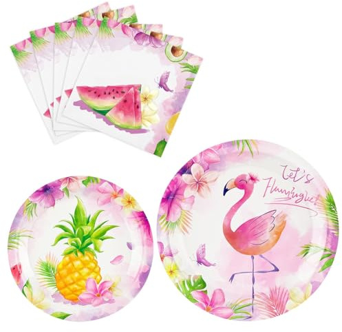 WERNNSAI Flamingo Partyzubehör – 48 teilige tropische hawaiianische Luau Partydekorationen Einweg Partyteller Servietten Rosa Geschirr Set für Kinder Mädchen Geburtstagsparty Dekoration für 16 Gäste