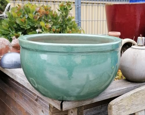 Generisch NEU !! Schöne winterfeste kleine Pflanzschale ø 24 cm aus Steinzug grün glasiert Pflanztopf Blumentopf Übertopf Garten Deko