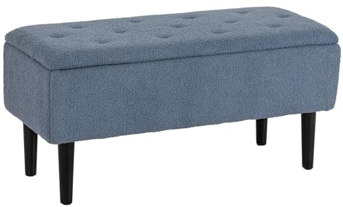 HOMCOM Sitzbank mit Stauraum Polsterbank mit Samtoptik, Klappdeckel, Sitztruhe mit Holzbeine, Truhenbank Bettbank für Wohnzimmer Schlafzimmer Flur 95 x 38 x 45 cm Blau