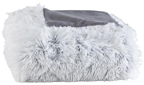 BaSaTex Flokati Plüsch Winter Kuscheldecke | 150x200 cm | Kuschelig Warme Sofadecke mit Flauschigem Kunstfell | Farbe: Grau/Weiß
