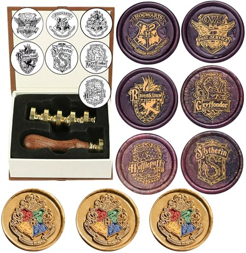 Hogwarts sigillstämpelset, 7 st Hogwarts magiska vaxsigillstämpelset och 1 st trähandtag, vintage vax sigill stämpelsats för kuvert, vykortsmärke, bröllopsinbjudan (7B)