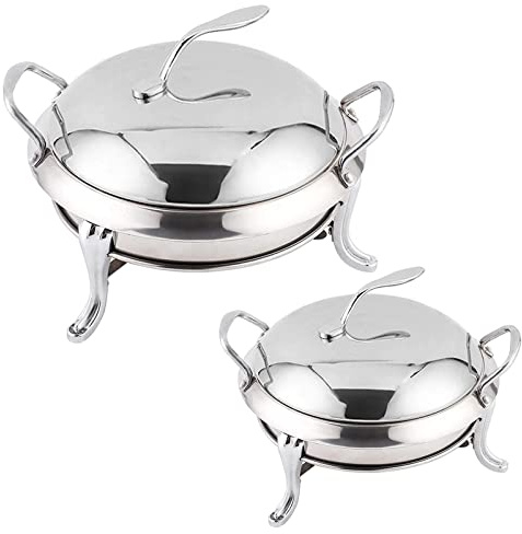 Chafing Disk Buffet Set, Chafing Disk Set med 2 st Rostfritt stål runda bufféservrar Värmare med matpanna, bränslehållare och lock for restaurangfester Bröllop (Enfärgad, 28cm)