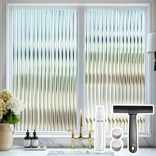 DARUITE Fensterfolie Blickdicht, Streifen Schilfglas-Effekt Sichtschutzfolie Fenster, Kein Kleber, Anti-UV Dekorfolie Fenster Folie für Zuhause und Büro, 60x200cm