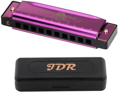 JDR Harmonica Blues C Key 10 Hole 20 Tone Mouth Organ with Case Diatonic Armonica for Kids, Professional Player Beginner Students Adults Friends Teacher Parents Stainless Steel Black (Purple)