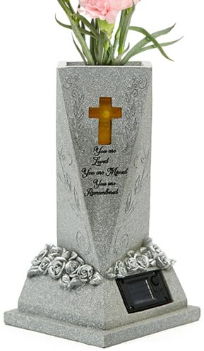 Cemetery Vase with Solar Light - Cometery Decorations for Fresh/Artificial Flowers, Decorative Solar Resin Memorial Grave Vase For Lawn, Courtyard, Cemetery and Garden