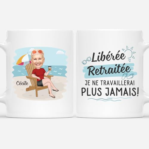 Cadeau Plus Mug Personnalisé Prénom Et Photo - Libéré, Délivré, Retraité Plage - Cadeau depart collegue, cadeau retraite, tasse depart collegue de travail, mug retraite (Femme)
