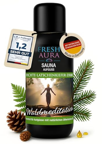 FRESH AURA® Saunaaufguss Fichte, Latschenkiefer, Zirbe – 25 Sorten in 100 ml & 250 ml – Ergiebiger und langanhaltender Saunaduft mit natürlichen ätherischen Ölen | Made in Germany (100ml)