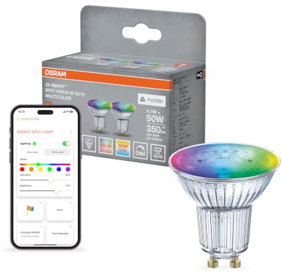 Osram SMART+ RGB PAR15 Reflektor Lampe mit Matter over Wifi, Vorteilspack mit 2 Stück, GU10, 5W, 16 Mio RGB-Farben, warmweiß-tageslichtweiß (2700-6500K), funktioniert mit Alexa, Google und Apple, 2er