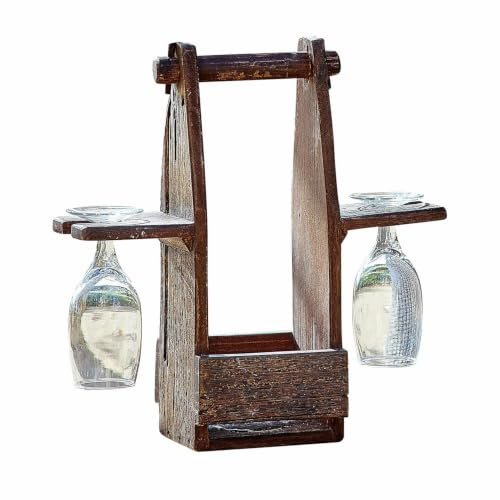 LOBERON Flaschenhalter mit Gläsern Préalon, Rustikaler Charakter, mit Praktischem Tragegriff, Küchenutensilien, Tischaccessoires, Salbaumholz, Glas, braun/klar
