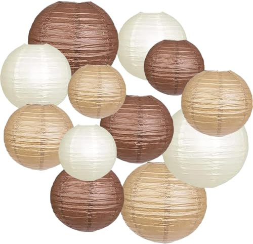 12pcs Brown Cream Paper Lanterns,Hanging Paper Lanterns for Bridal Shower Rustic Boho Birthday Wedding Home Decor Party Decoration
