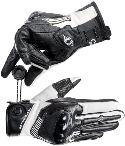 DUHAN Leather Motorcycle Gloves for Men/Women, Touchscreen Riding Gloves with Magnetic Fasteners TPU Knuckle for Motorcross, Motorbike, Adv, Dirtbike, Hunting, Skiing, Skating (White, Large)