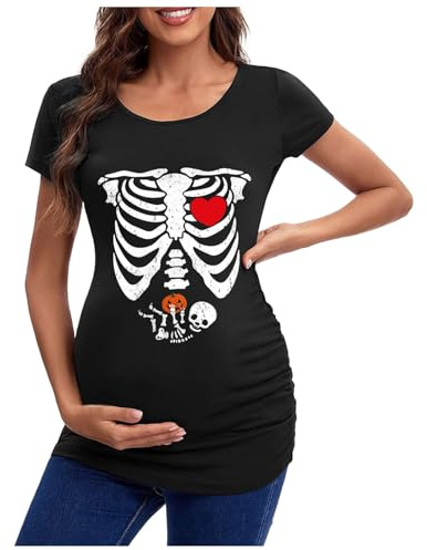 Halloween Umstandsmode Damen Skelett T-Shirt Kurzarm Rundhals Umstands Oberteil Kürbis Baby Schwangerschaft Umstandsshirt Lustige Bequem Mutterschaft Shirt Thanksgiving Umstandsshirt Umstandskleidung