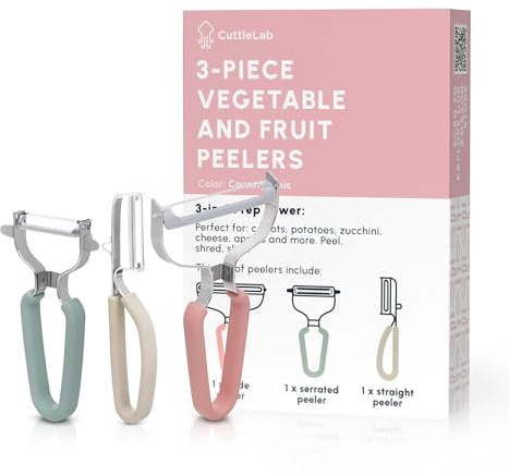 CuttleLab Vegetable Peeler Set – Serrated, Straight & Wide Blades- great apple peeler & potato peelers, Carrots, Zucchini, Cucumbers – Soft Grip Handle- Eye Remover – Dishwasher Safe (3, Country Chic)