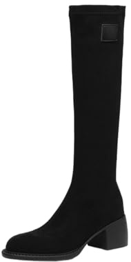 Botas Altas Elásticas Para Mujer, Elegantes Botas Largas Ante Con Tacón Ancho Y Punta Redonda Botas Montar Informales Sin Cordones Para Otoño E Invierno Para Fiestas Al Aire Libre,Negro,39 EU
