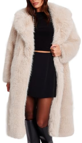 Flygo Womens Long Faux Fur Coats Winter Fluffy Open Front Luxury Overcoat Shaggy Lapel Long Sleeve Fuzzy Warm Cardigan Jacket(Beige-XL)