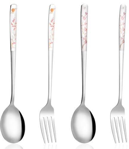 Juego de 4 cucharas de café y tenedores de postre de 20,7 cm, tenedores coreanos de acero inoxidable, cucharas de helado para comida, café helado, té helado, batido de leche, bebida fría, fruta