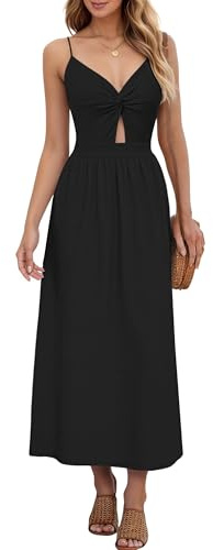 AUSELILY Sommerkleid Damen Strandkleid Maxi V-Ausschnitt Ärmellos Twist Front Freizeitkleider Leicht und Luftig mit Taschen Schwarz M