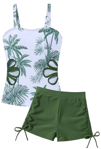Happy Cherry Traje de baño para niña, tankini con correa de hombro ajustable, top y bañador para niños, dos piezas, ropa de baño para adolescentes, moda estampada