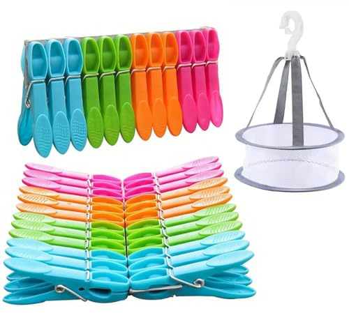 48 Stück Wäscheklammern with Aufhänge-Korb Box, Windfeste Bunte Klammerbeutel für Wäscheklammer, Plastik Wäscheklammer Ohne Abdruck sockenklammern für Wäscheleinen,Kleidung,Camping