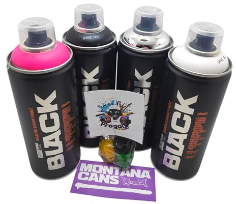 PROGAL COLORS Montana Black - Vernice spray per graffiti, 400 ml, 4 colori (bianco, nero, fucsia, cromo argento), include 3 ugelli di ricambio + 1 adesivo Montana Cans