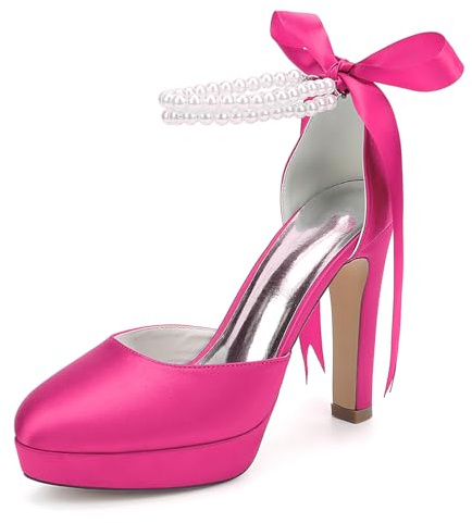 MlYJmer Zapatos de tacón Alto de Plataforma para Novia, Zapatos de salón de satén con Correa al Tobillo y Perlas, Ideales para Bodas, Fiestas y graduaciones